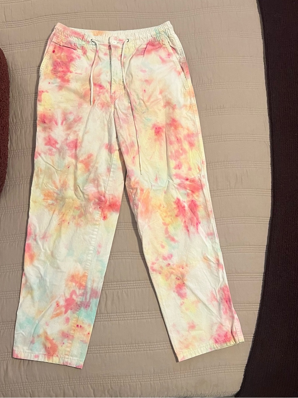 90s Brittania Brittgear Tie Dye Pants With Drawstring Pastel Pink, Mint & Cream